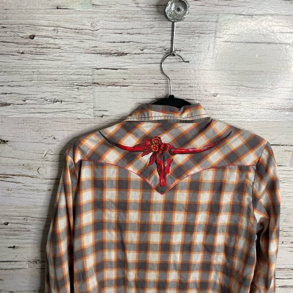 Wrangler brown red floral plaid blouse top size large western - Picture 13 of 14